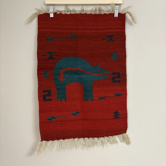 Vintage Zapotec Oaxaca Native Mexican Hand Woven Wool Rug Wall Hanging Bear - Picture 1 of 3